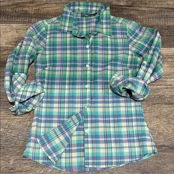 Prana Tops - Prana Organic Cottton Plaid Button-Up Shirt in Blue and Green Lightweight